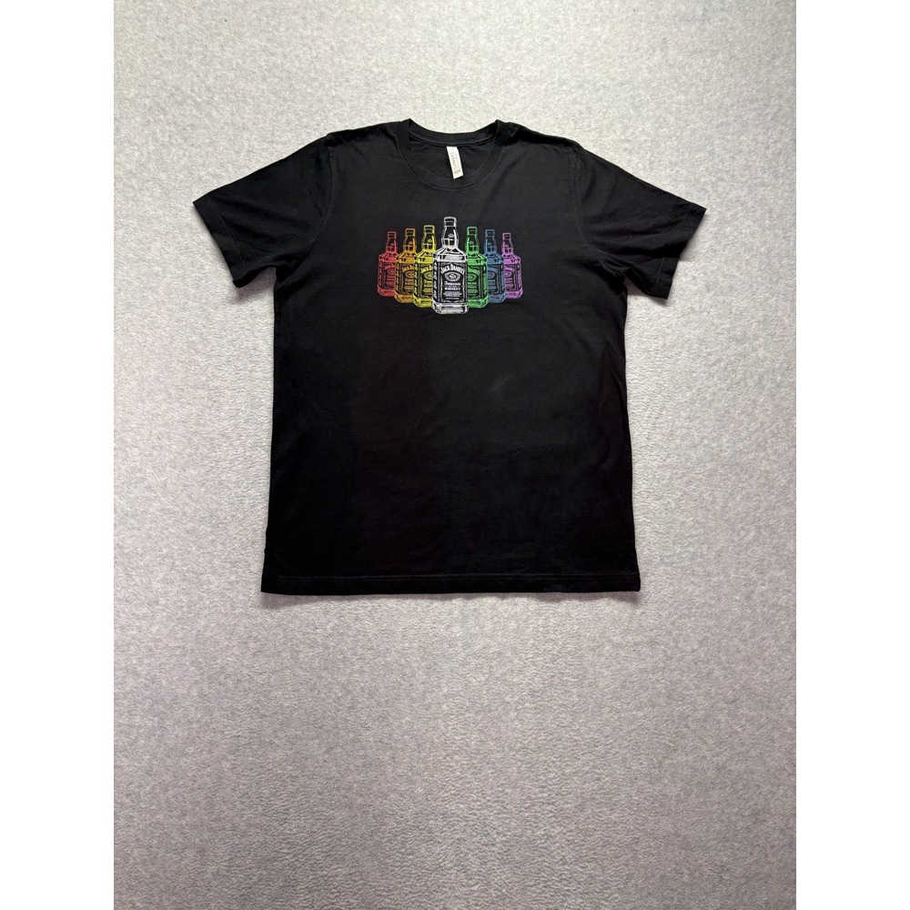 Bella+Canvas Mens Large Black Rainbow Whiskey Bottle Graphic T-Shirt 100% Cotton